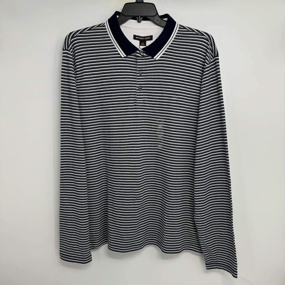 NWT Michael Kors Long  Sleeve Polo Shirt Men’s XXL Midnight Striped
